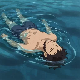 anime style painting of a bearded man drowning in deep water