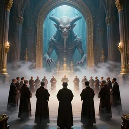 center view photography of a group of priest in circle invoking an hyper realistic lovecraft creature portrait in a huge ritual portal in a church, 4 k, fantasy art, glamorous composition, wide - angle shot, cinematography lighting, volumetric fog, vivid colors, realistic, octane render, unreal engine