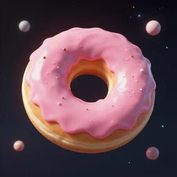 Big donut with pink glaze floating in outer space, digital art,