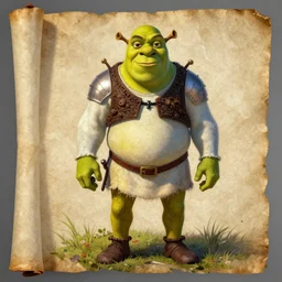 medival scroll painting of a Shrek in armour from Shrek the movie