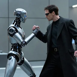Morpheus and Neo from The Matrix fighting the android from I, Robot, HD movie screenshot, promotional still, ultra high definition, detailed, 4k movie