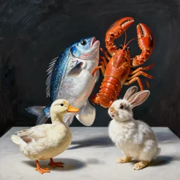 still life painting of a blue fat fish crab lobster dancing with a laughing duck rabbit on a white table, high contrast lighting, impressionism, real fur, real feather