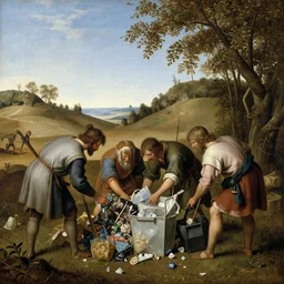 feudal serfs sorting through recycling, pastoral scene, renaissance oil painting old master