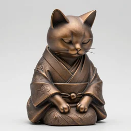 elegant seductive anthropomorphic cat figurine wearing a kimono, cast brown resin, toggles, very highly detailed, intricate, monotone, shy looking down
