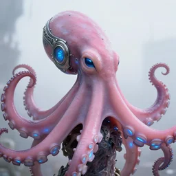 natural light, soft focus portrait of a cyberpunk anthropomorphic octopus with soft synthetic pink skin, blue bioluminescent plastics, smooth shiny metal, elaborate ornate head piece, piercings, skin textures, by annie leibovitz, paul lehr