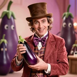 gene wilder in willy wonka and the eggplant factory, willy wonka holding eggplants