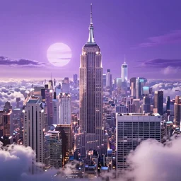 a futuristic new york city in shiny crystalline, octane render, clouds : 3, violet sun : 9, in the style of sahm : 2, hd, ultra - realistic, hyper - realistic, digital art,