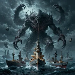 an ultradetailed illustration of cthulu destroying a huge fleet of ships, cthulu, ominous and scary, dark thunderstorm, lovecraftian horror, monster from beneath the waves, intricate detail, cinematic, 8 k, cel shaded, volumetric lighting, octane render, art by greg rutkowski and albert bierstadt