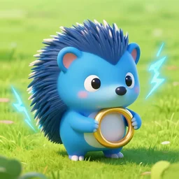 ( ( ( ( a cute blue hedgehog with big gold ring and blue lightning in green grassland. ) ) ) ), big gold ring!, blue fur, clear sky, extremely detailed, fantasy painting, by greg rutkowski!!!!