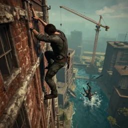 stuff about escaping vampires game kinda. i hide and climb a building, siddenly go reallly high. stuff about crane and then breaking, falling in water. unreal engine, trending on artstation