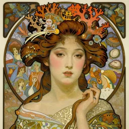 realistic detailed face portrait of an elaborately dressed beautiful young geisha with coral reef hair by alphonse mucha, ayami kojima, amano, charlie bowater, karol bak, greg hildebrandt, jean delville, and mark brooks, art nouveau, neogothic, gothic, rich deep moody colors, nature art forms ernst haeckel, character concept design