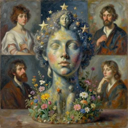 a full body sculpture portrait made of stars and dust and flowers and plants, painting part by wojciech siudmak, part by ilya repin, part by max ernst, part by norman rockwell, artstation