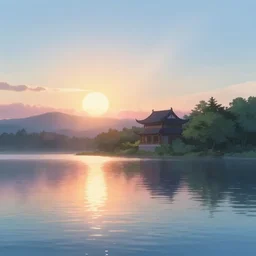 a serene landscape with a singular building near a lake at sunrise, reflection of the sun on the water, by yoji shinkawa, anime style, pixar and disney style, high quality, highly detailed, 8 k, soft lighting, soft colors, path traced, bloom, godrays, complementary colors, natural lighting, beautiful, elegant