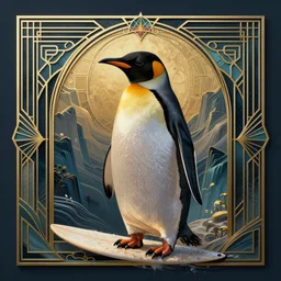 a surfing penguin, art deco