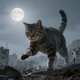 a giant cat attacking a city, photorealistic, photograph, 4 k, foggy, abandoned, volumetric light, moonlight