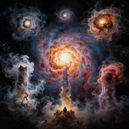psychedelic transcendent puffs! of smoke, space, vortex, supernova, nebulae, pillars of creation, high contrast lighting, highly detailed, concept art, art by collier, albert aublet, krenz cushart, artem demura, alphonse mucha