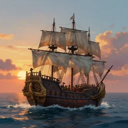 a beautiful highly detailed matte painting of a Sea of Thieves screenshot, a pirate ship, sea at sunset, by Ivan Aivazovsky, featured on Artstation, I can\'t believe how beatiful this is, wow