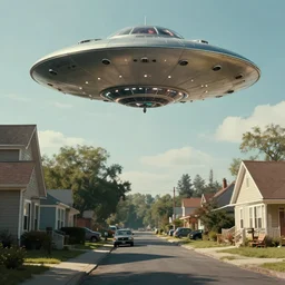 ufo in a 1 9 5 0 s neighnorhood,, digital art, concept art, hyperrealism, masterpiece, photo realistic, cinematic, trending on artstation