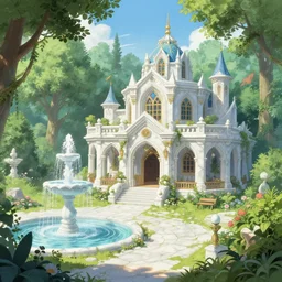 A tavern inside a beautiful elven city made of white marble, anime, lush trees, fountain, a fantasy digital painting by Greg Rutkowski and James Gurney, trending on Artstation, highly detailed