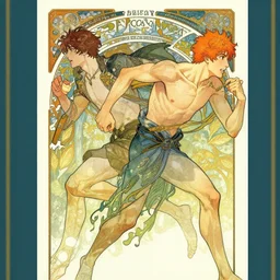 a drawing of a young man with brown hair and a young muscular man with orange hair running frantically together, a poster by victo ngai and krenz cushart, pixiv contest winner, art nouveau, official art, wiccan. colorful. beautiful.