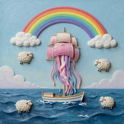 3d high relief painting of sea like jelly,Rainbow clouds like sheeps floating lightly in the air, Sailing ship,dreamy, soft , highly detailed,  expressive impressionist style,in the style of William Schneider