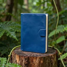 a blue leather bound book, standing open on a wooden stump in a jungle, vines growing around