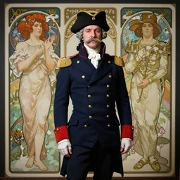 cinematic full body portrait of 1 8 th century naval captain, grey mustache, navy blue coat and chapeau by artgerm, cushart krenz, greg rutkowski, mucha. art nouveau. gloomhaven, grey facial mustache, vibrant colors, sharp edges. ultra clear detailed. 8 k. elegant, intricate, octane render