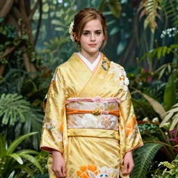 asian emma watson wearing golden yellow and orange furisode, full shot, jungle background, intricate, highly detailed, concept art, sharp focus, illustration, artgerm, ruan jia, jurgens, aleksi briclot, mucha