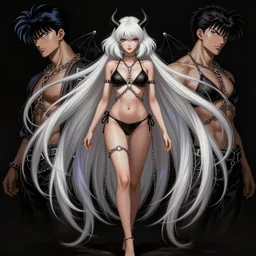 gorgeous!!! hyper - realistic woman as a chained demoness sorcerer wearing a bikini, short white hair + long bangs | morrigan aensland | art by jack kirby + akira toriyama + katsuhiro otomo + hirohiko araki | intricate, highly detailed, digital painting, smooth, sharp focus, hyper - realistic, symmetrical, full body, illustration, character design, concept art
