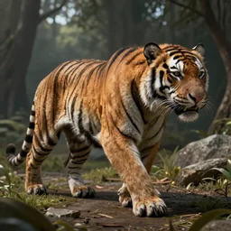 a tasmanian tiger resurrected rendered in UE5, highly photorealistic