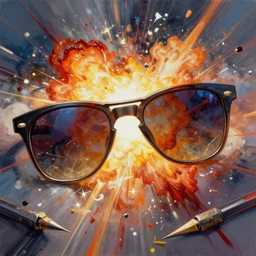 a messy painting of an explosion reflected in sunglasses, close - up, artstation
