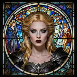 masterpiece head-on symmetrical centered portrait, Imogen Poots as a Gothic Warrior, blonde hair, gothic stained glass style, tarot card style, elegant, distant, in the style of Edgar Maxence and Ross Tran and Zdzisław Beksiński and Michael Whelan and Mucha and Gustave Doré, specular highlights, 8k, octane render