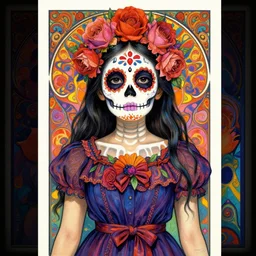 realistic detailed psychedelic poster art of a cute Día de los Muertos girl by Victor Moscoso Rick Griffin Alphonse Mucha Ayami Kojima Amano Charlie Bowater, masterpiece