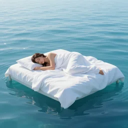 a woman sleeping in a bed that is floating in the ocean