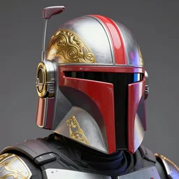 an artistic and realistic 8k sculpture of a mandalorian helmet, liquid simulation, bright psychedelic color, dramatic lighting, silver gold red details, filigree, intricate details, cinematic, elegant, octane render, filmic, interesting camera angle, 8k post-processing, intricate art by John Collier and Albert Aublet and Krenz Cushart and Artem Demura and Greg Rutkowski