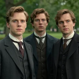 sharp, highly detailed, film from a 2 0 1 9 sci fi 8 k movie, three time travelers, from different years, appear in a present day park, one traveler from 1 9 5 0, one from 1 9 0 0 and one from 1 8 5 0, wearing correct era clothes, atmospheric lighting, in focus, reflective eyes, 3 5 mm macro lens, live action, nice composition
