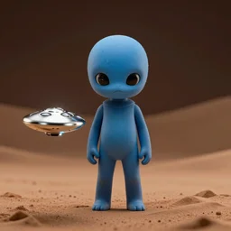 A little blue alien boy standing, facing the camera,  with a little chrome flying disk floating next to him,  drone, 4K artstation, photorealism, dramatic lighting, Dune, style of Boris Vallejo
