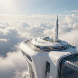 futuristic white building's rooftop, beautiful scenery, looking down, cinematic clouds, sunshine. game cg, hyperdetailed, trending on cgsociety