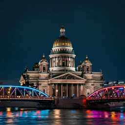 city in russia 2 0 7 7, petersburg at night, saint isaac's cathedral, forged bridges, neon lights, punk, grunge, cyberpunk