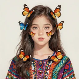 a beautiful girl covered with butterflies wearing a colourful patterned dress, painted by gustave klimt, edgar maxence, edward hopper, wayne barlowe, james gilleard and james jean