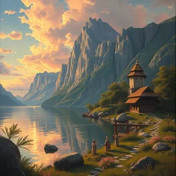 a beautiful scenic painting by artgerm and wlop and wes anderson and spike jonze and alphonse mucha