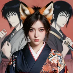 A beautiful woman with fox ears in a kimono || yakuza, tattoos, cute-fine-face, pretty face, realistic shaded Perfect face, fine details. Anime. realistic shaded lighting poster by Ilya Kuvshinov katsuhiro otomo ghost-in-the-shell, magali villeneuve, artgerm, Jeremy Lipkin and Michael Garmash and Rob Rey