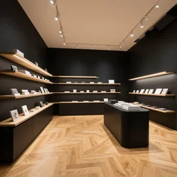 a futuristic store, oak parquet, black walls, fzd school of design
