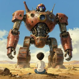 backview still of a kid looking to a steampunk monumental!!!!! giant rusty robot - tractor sit the ground, sun light, finely detailed features, robot tall to the sky, cinematic shot, desert, gapmoe yandere grimdark, trending on pixiv fanbox, painted by greg rutkowski makoto shinkai takashi takeuchi studio ghibli, akihiko yoshida, artstation