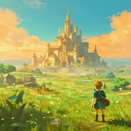 a hyperrealistic digital matte painting of a verdant fantasy countryside, breath of the wild, hyrule, inspired by cyril rolando, david wiesner, many golden layers, orange color tone, very far royal steampunk castle, cgsociety, highly detailed, trending on artstation, azure sky