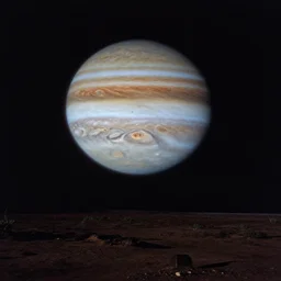 a photograph landscape on europa showing jupiter in the night sky. photorealistic, epic, cinematic, 7 0 mm film