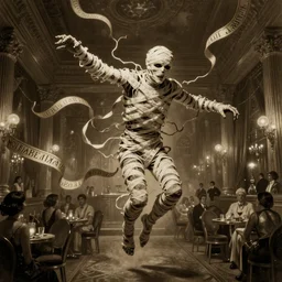 photorealistic sepia painting of an undead flying mummy, in a 1 9 2 0 s hotel ballroom, with ribbons with nabeatean writing floating around it, atmospheric lighting, brooding, painted, intricate, ultra detailed, well composed, best on artstation, cgsociety, epic, horror, stunning, gorgeous, intricate detail, much wow, masterpiece, cinematic aesthetic octane render, 8 k hd resolution,