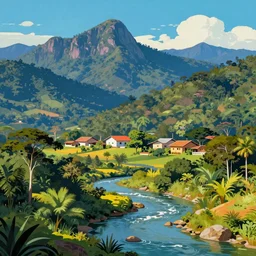 nature and wildlife scene in brasil, mountains, village, forest, river, synthwave colors, painted by Caspar David Friedrich