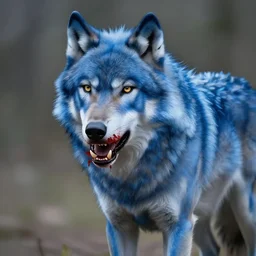 a digital painting of a blue wolf, it has sharp teeth and blood on its fur
