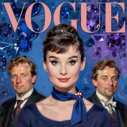 vogue magazine, elle magazine, instagram fashion, anime korean audrey hepburn portrait 3 / 4 centered, flight attendant, ilya kuvshinov, john singer sargent, oil painting, shaft anime key visual, blue sapphire midtones and violet amethyst highlights, trending on artstation, intricate
